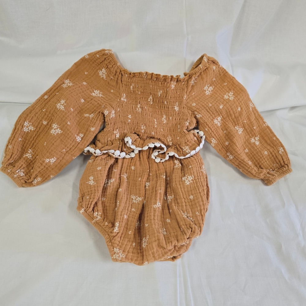 RZ by Rachel Zoe Baby Girl Rust Orange Floral Cotton Gauze Smocked Romper 0-3M - Picture 2 of 3